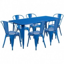 MFO 31.5'' x 63'' Rectangular Blue Metal Indoor-Outdoor Table Set with 6 Stack Chairs