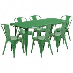 MFO 31.5'' x 63'' Rectangular Green Metal Indoor-Outdoor Table Set with 6 Stack Chairs