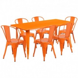 MFO 31.5'' x 63'' Rectangular Orange Metal Indoor-Outdoor Table Set with 6 Stack Chairs