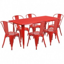 MFO 31.5'' x 63'' Rectangular Red Metal Indoor-Outdoor Table Set with 6 Stack Chairs