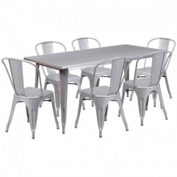 MFO 31.5'' x 63'' Rectangular Silver Metal Indoor-Outdoor Table Set with 6 Stack Chairs