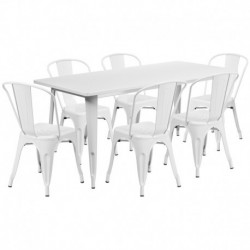 MFO 31.5'' x 63'' Rectangular White Metal Indoor-Outdoor Table Set with 6 Stack Chairs