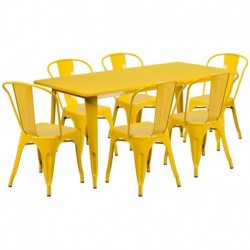 MFO 31.5'' x 63'' Rectangular Yellow Metal Indoor-Outdoor Table Set with 6 Stack Chairs
