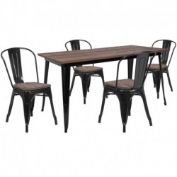MFO 30.25" x 60" Black Metal Table Set with Wood Top and 4 Stack Chairs