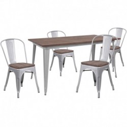 MFO 30.25" x 60" Silver Metal Table Set with Wood Top and 4 Stack Chairs