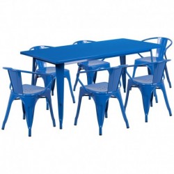 MFO 31.5'' x 63'' Rectangular Blue Metal Indoor-Outdoor Table Set with 6 Arm Chairs