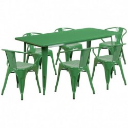 MFO 31.5'' x 63'' Rectangular Green Metal Indoor-Outdoor Table Set with 6 Arm Chairs
