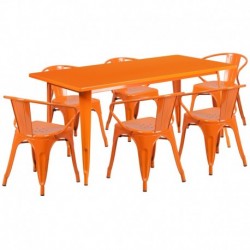 MFO 31.5'' x 63'' Rectangular Orange Metal Indoor-Outdoor Table Set with 6 Arm Chairs