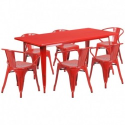MFO 31.5'' x 63'' Rectangular Red Metal Indoor-Outdoor Table Set with 6 Arm Chairs