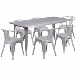 MFO 31.5'' x 63'' Rectangular Silver Metal Indoor-Outdoor Table Set with 6 Arm Chairs