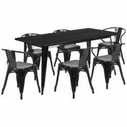 MFO 31.5'' x 63'' Rectangular Black Metal Indoor-Outdoor Table Set with 6 Arm Chairs