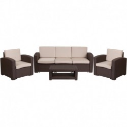 MFO 4 Piece Outdoor Faux Rattan Chair, Sofa and Table Set in Chocolate Brown