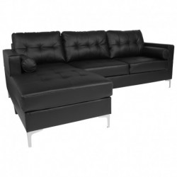 MFO Oxford Tufted Back Sectional with Left Side Facing Chaise & Bolster Pillows in Black Leather