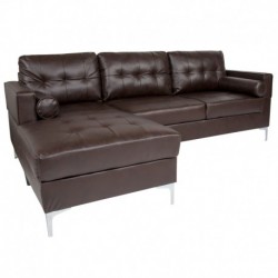 MFO Oxford Tufted Back Sectional with Left Side Facing Chaise & Bolster Pillows in Brown Leather