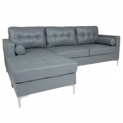 MFO Oxford Tufted Back Sectional with Left Side Facing Chaise & Bolster Pillows in Gray Leather