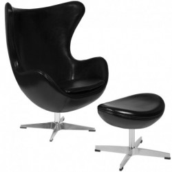 MFO Black Leather Egg Chair with Tilt-Lock Mechanism and Ottoman