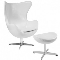 MFO Melrose White Leather Egg Chair with Tilt-Lock Mechanism and Ottoman