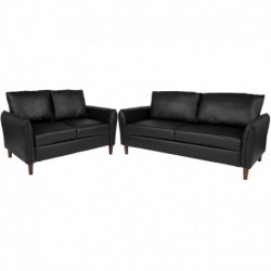 MFO Sir Collection Plush Pillow Back Loveseat and Sofa Set in Black Leather