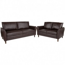 MFO Sir Collection Plush Pillow Back Loveseat and Sofa Set in Brown Leather