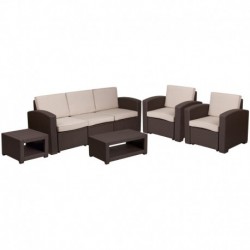 MFO 5 Piece Outdoor Faux Rattan Chair, Sofa and Table Set in Chocolate Brown